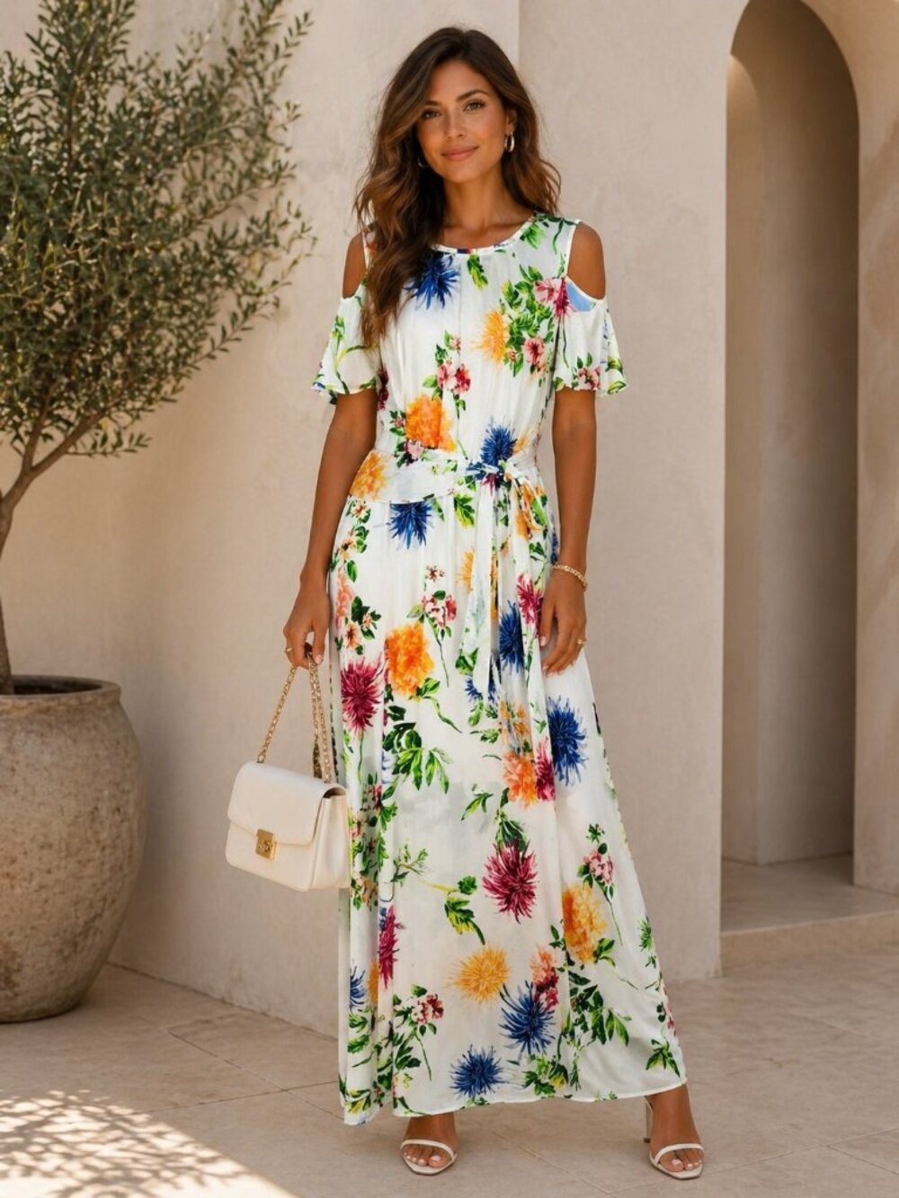 Calvin Klein Cold Shoulder Flowing Floral Maxi Dress Size 12 Wedding Guest